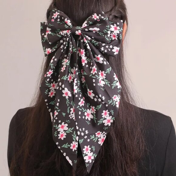 Private Label Accessories - New Edwardian Black and Pink Floral Fabric Long Hair Bow Clip